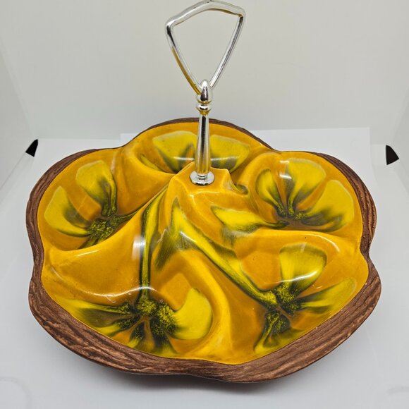 California Pottery Sequoia Ware Divided Serving Bowl, 608, Yellow, Wood Grain - Picture 1 of 7